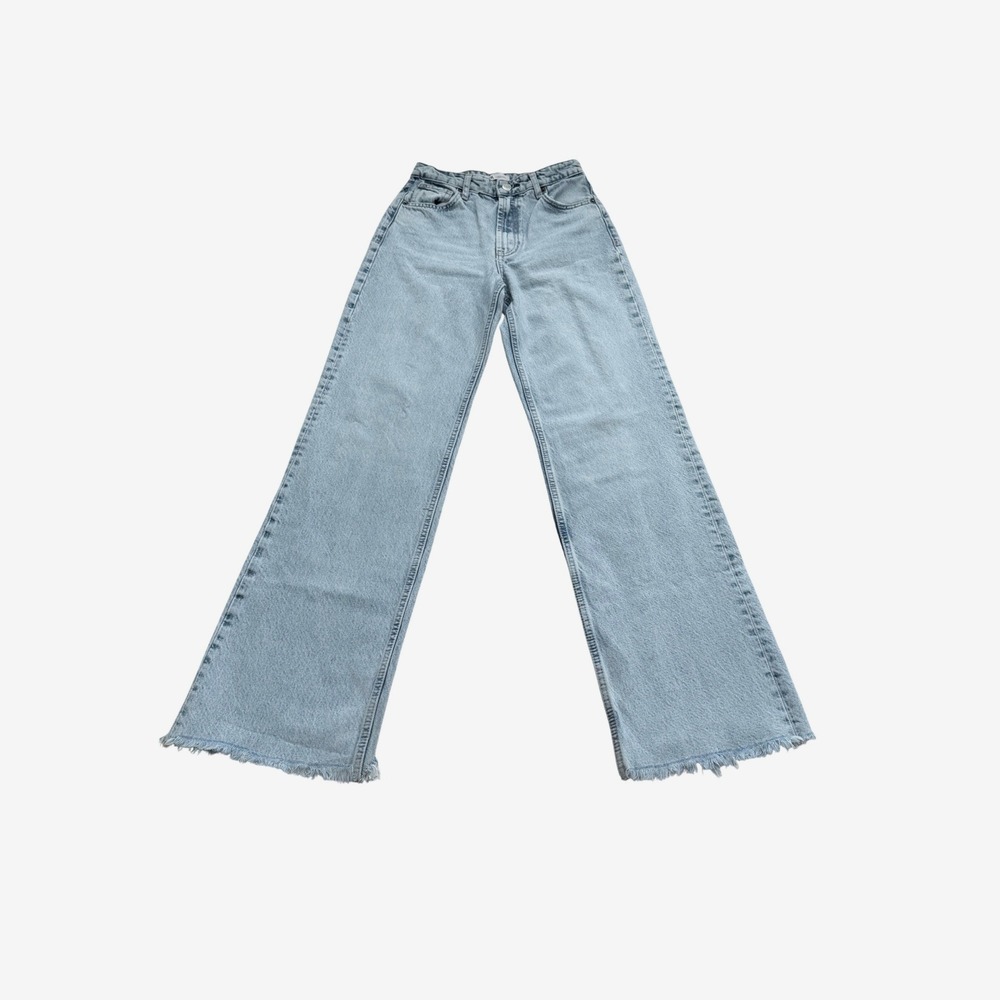 Zara Wide Leg Jeans Womens 4 Light Blue Denim Raw Hem High Rise